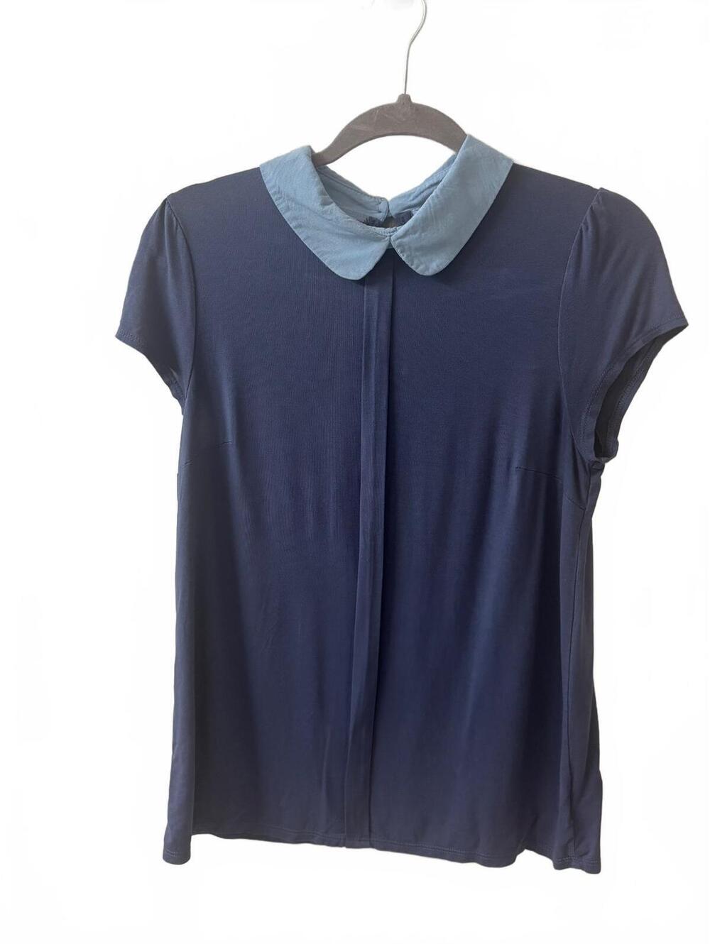 ModCloth Women's Navy Blue Rayon Spandex Top with Light Blue Peter Pan Collar, M